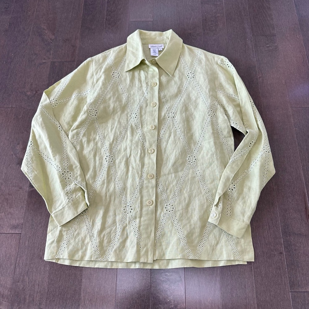 Coldwater Creek Linen Eyelet Button Down Top Tunic Cottagecore Romantic Citron 6